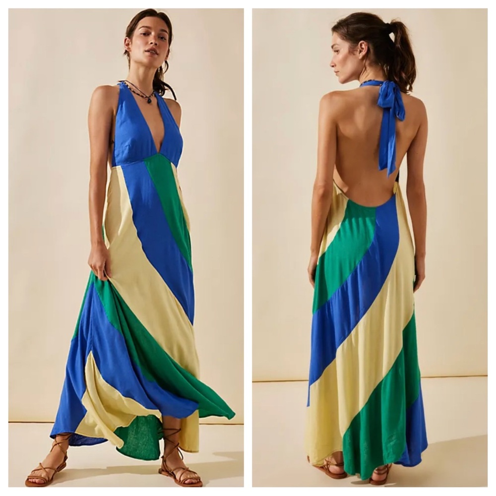 FREE PEOPLE Give Me A Spin Dress NEW Size M Rare Blue Green Yellow